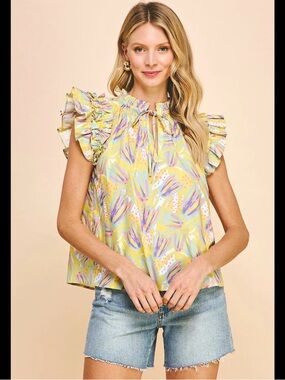 Pinch Yellow Multicolor Ruffle Tie-Neck Blouse